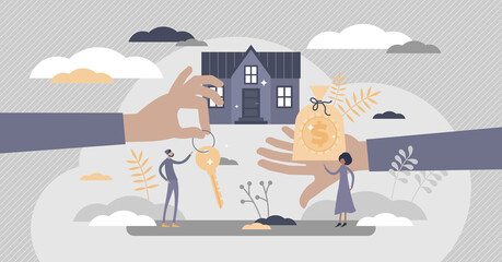Mortgage as house property exchange for loan process tiny persons concept