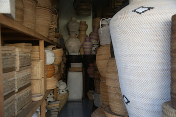 Obraz na płótnie Canvas Handmade woven rattan craft. Wicker shop. Art market. Rattan baskets. Rattan or bamboo handicraft. Handmade in Bali.