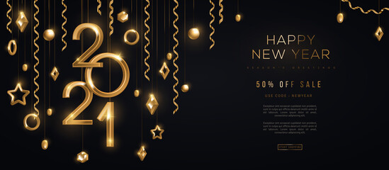 Christmas and New Year banner with hanging gold 3d baubles and 2021 numbers on black background. Vector illustration. Winter holiday geometric decorations and streamers. Place for text