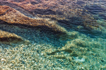 Natural seascape in the Greece. Seascape with rocky beach, turquoise water. Amazing nature Landscape. Wonderful summer day on the Emblisi beach. Kefalovia island.