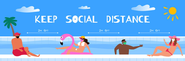 people in face masks keep social distance in swimming pool during coronavirus covid 19 summer vacation vector illustration