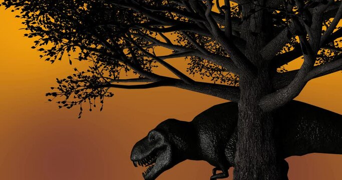 Black dinosaur roaring under a dark tree during sunset sunrise time