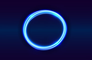 Circle neon light effect isolated on dark background, round light lines in blue neon color. Abstract background for science, futuristic, energy, techno