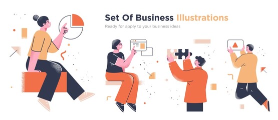 Fototapeta na wymiar Business Concept illustrations. Collection of scenes with men and women taking part in business activities. Trendy vector style.