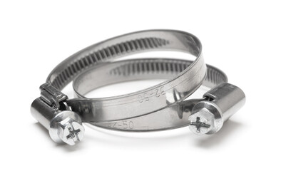 Metal hose clamp isolated on white.