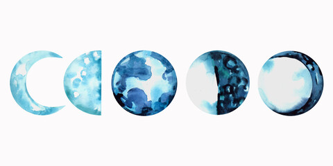 Moon phases set. Hand drawn watercolor illustration. Lunar designe, celestial body, astronomy. Blue shapes