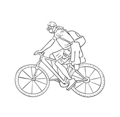 Vector illustration, isolated man courier in protective mask driving a bicycle in black and white colors, outline hand painted drawing