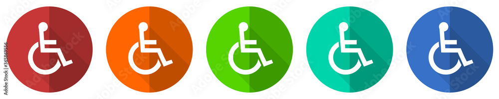 Poster wheelchair icon set, red, blue, green and orange flat design web buttons isolated on white backgroun