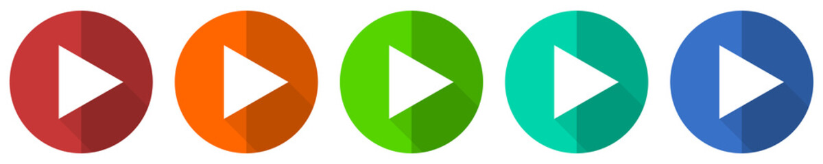 Play icon set, red, blue, green and orange flat design web buttons isolated on white background, vector illustration