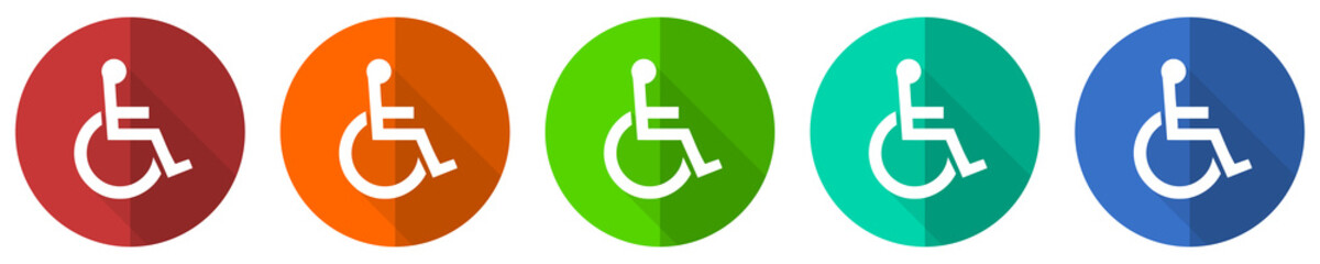Wheelchair icon set, red, blue, green and orange flat design web buttons isolated on white background, vector illustration