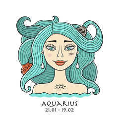 Illustration of Aquarius zodiac sign. Element of Air. Beautiful Girl Portrait. One of 12 Women in Collection For Your Design of Astrology Calendar, Horoscope, Print.