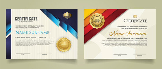 set certificate template with ribbon stripes ornament and modern texture pattern background. Diploma. Vector illustration