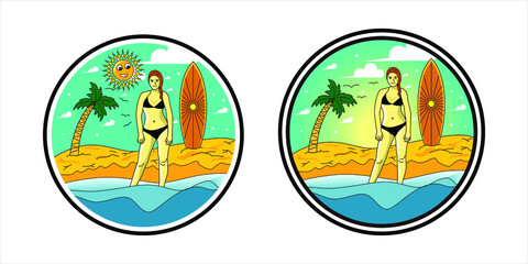 Illustration abstract beach girl on vacation line art logo design vector badge