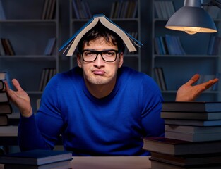 Student preparing for exams late at night in library