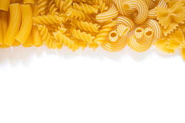 italian pasta, types of noodles on a white plate, durum wheat pasta