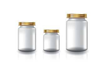 3 sizes of blank clear round jar with gold screw lid for supplements or food product. Isolated on white background with reflection shadow. Ready to use for package design. Vector illustration.