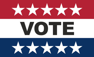 Vote on US America election day. VOTE text on american flag colors with patriotic stars background