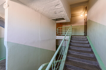 Russia, Moscow- February 10, 2020: interior public place, house entrance. doors, walls, staircase corridors