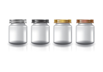 Blank clear round jar with 4 colors screw lid for supplements or food product. Isolated on white background with reflection shadow. Ready to use for package design. Vector illustration.