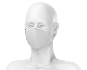 white face mask mockup, blank dust mask over white Mannequin 3d Rendering isolated on white background