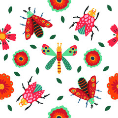 Insect and Floral background. Hand drawn floral pattern. Surface with meadow flowers, butterfly, beetle and dragonfly. Vector seamless background. Insects.Spring summer flat vector illustration.
