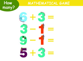 examples of addition and subtraction with dinosaurs. educational page with mathematical examples for children.