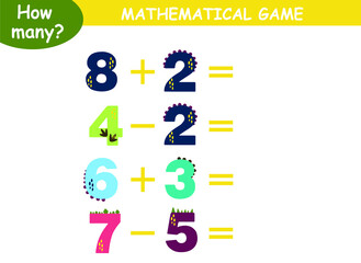 examples of addition and subtraction with dinosaurs. educational page with mathematical examples for children.