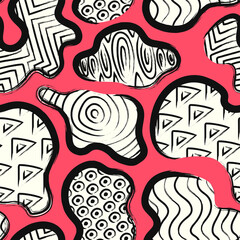 vector rough black and white freeform and lines brush stroke seamless pattern on red