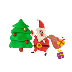 Cartoon fun Santa with Christmas tree and gifts isolated on white background. Kids artwork.
