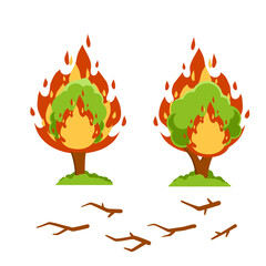 Forest fire. Natural disaster. Woodland problems. Dangerous situation. Careless handling of fire. Tree and flame. Flat cartoon. Branches and wood