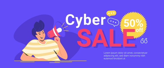 Cyber sale up to 50 off for online shopping. Flat line vector illustration of cute man sitting alone and shouting with megaphone friday sale announcement. Creative banner for sale on purple background