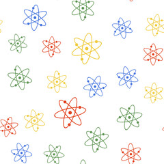Color Atom icon isolated seamless pattern on white background. Symbol of science, education, nuclear physics, scientific research. Electrons and protonssign. Vector.