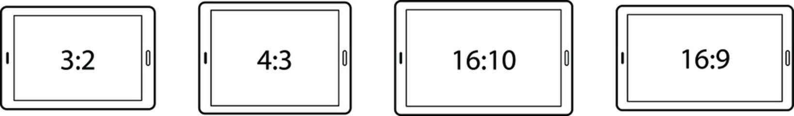 Obraz premium Diagrams comparing differences between different screen aspect ratios. Tablets in landscape. Line art.