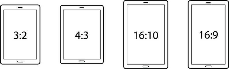 Diagrams comparing differences between different screen aspect ratios. Tablets in portrait. Line art.