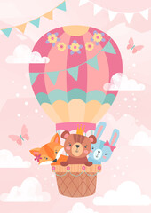 Kids greeting card or poster design with cute little cartoon animals riding in the basket of a hot air balloon over a pink sky with clouds, colored vector illustration © Rudzhan