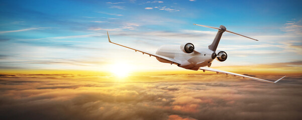 Private jetplane airplane flying above clouds