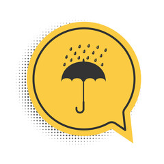 Black Umbrella and rain drops icon isolated on white background. Yellow speech bubble symbol. Vector.