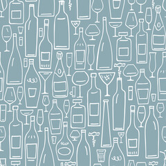 Stylized cartoon bottles and glasses. Seamless pattern.