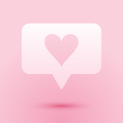 Paper cut Like and heart icon isolated on pink background. Counter Notification Icon. Follower Insta. Paper art style. Vector.