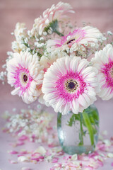 Beautiful bouquet of a pink fresh gerberas flowers. Pastel tonality.
