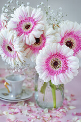 Beautiful bouquet of a pink fresh gerberas flowers. Pastel tonality.