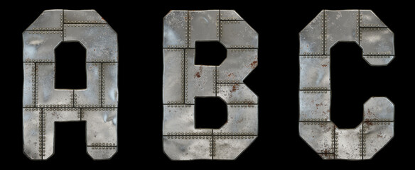 Set of capital letters A, B, C made of industrial metal isolated on black background. 3d