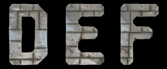 Set of capital letters D, E, F made of industrial metal isolated on black background. 3d