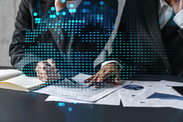 Two businesswomen working together in office. Abstract map illustration double exposure.