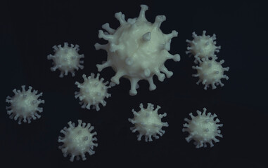 Vaccine, covid19, 3d printed representation of the virus on a black glass surface, security and protection of the home against the virus