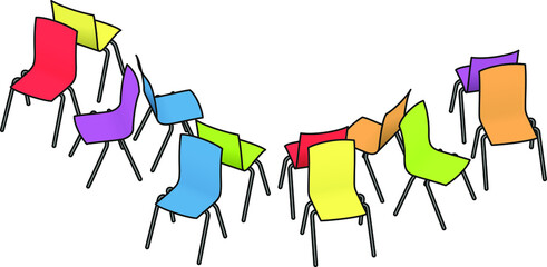 Chairs - rainbow / multicoloured - set back to back for group work, role play, therapy and workshops.