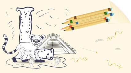 illustration layout banner of the English alphabet for learning the alphabet letter L lemur on a sheet of paper with colored pencils outline Doodle