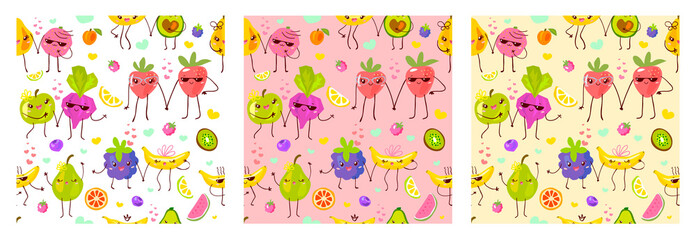 Seamless pattern cute fruit characters. Child style, strawberry, raspberry, watermelon, lemon, banana pastel color background. Kawaii emoji, characters, smile hand drawn vector illustration