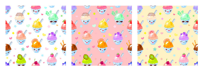Fototapeta na wymiar Seamless pattern cute fruit ice cream sorbet characters. Child style, strawberry, raspberry, watermelon, lemon, banana pastel color background. Kawaii emoji, characters, smile vector illustration