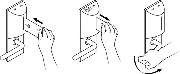 Electronic keycard door opening instructions diagram. Insert card with a smartchip. Three steps. Line art.